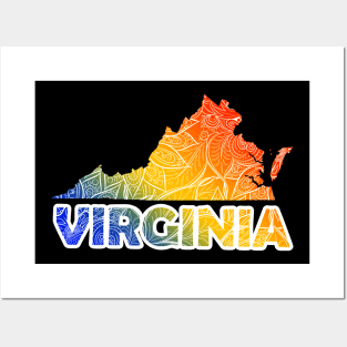 Colorful mandala art map of Virginia with text in blue, yellow, and red Posters and Art